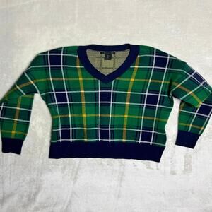 Tahari Academia Sweater Women's L Green Tartan Plaid Box Crop Prep School Ivy